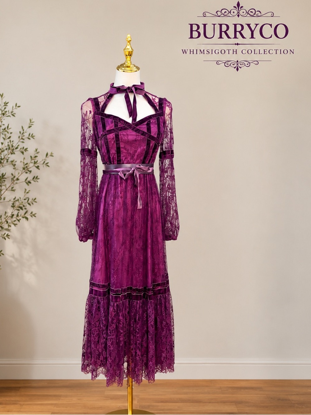 Burryco Romantic Lace Gothic Dress Purple Sheer Sleeve Velvet Trim Belt,Size 6